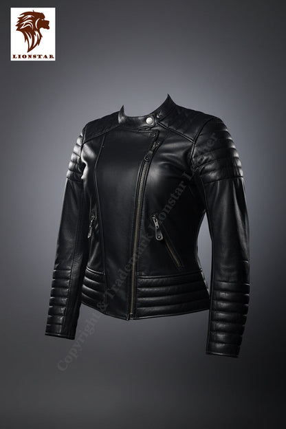 Black leather jacket on a gray background with Lionstar logo.