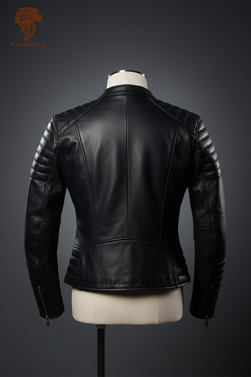 Black leather jacket on a mannequin against a dark background