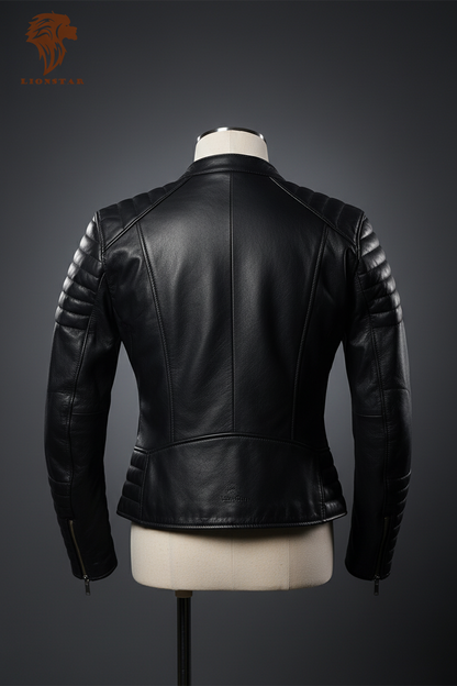 Black leather jacket on a mannequin against a dark background