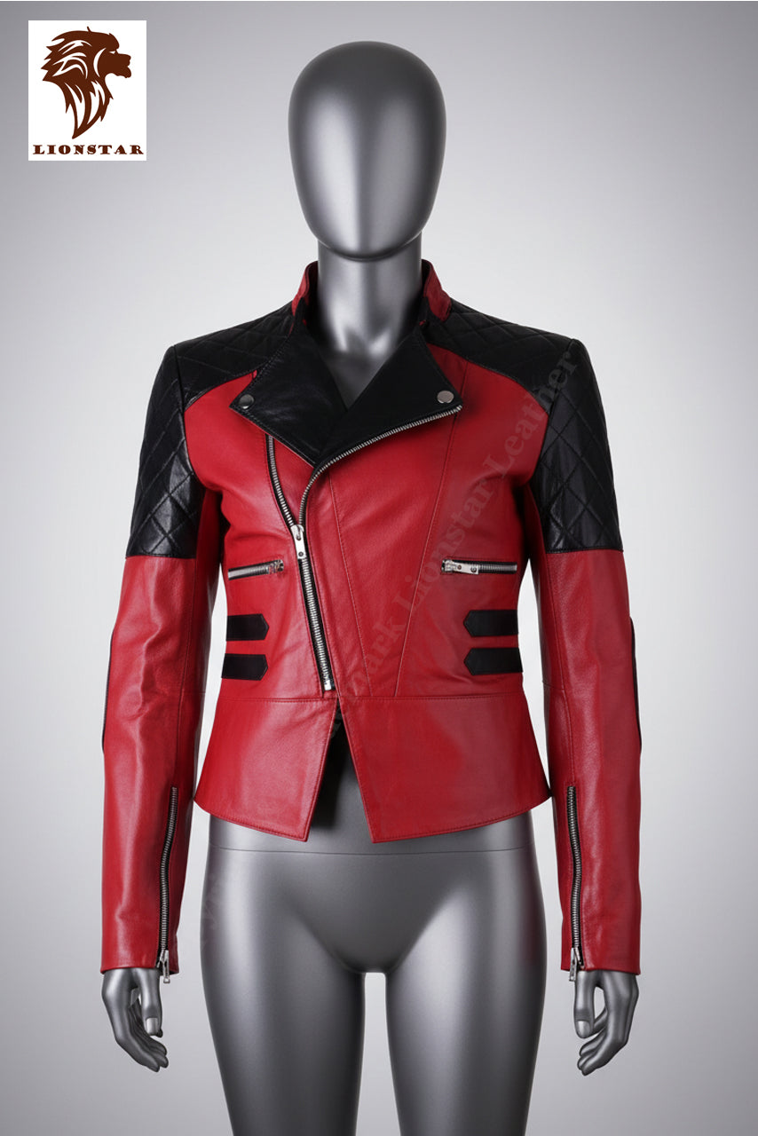Red leather jacket with black accents on a mannequin against a gray background, featuring the Lionstar brand.