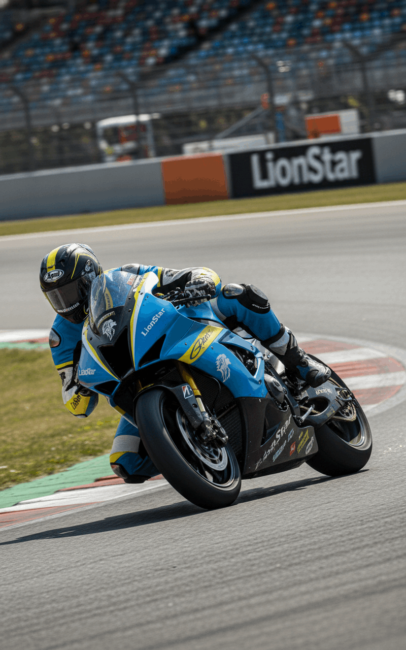 Motorcyclist on a blue and black motorcycle on a racetrack with LionStar branding in the background.