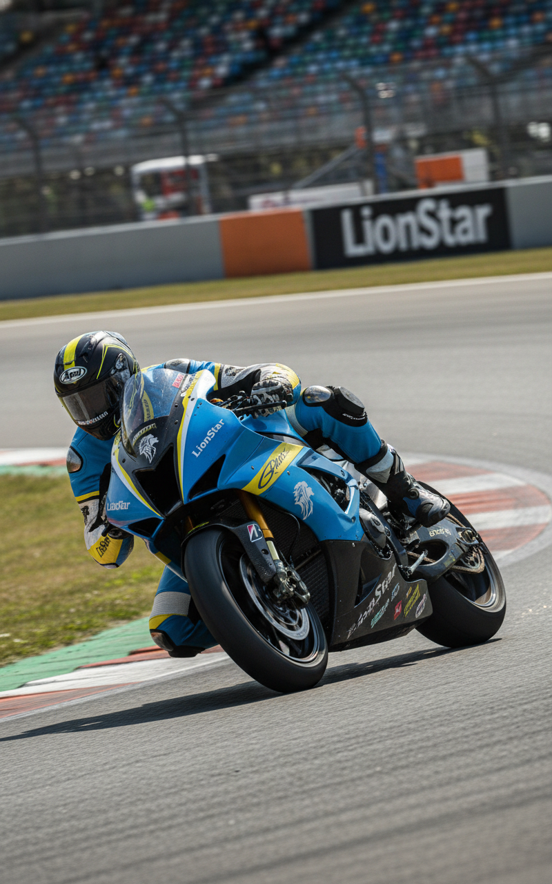 Motorcyclist on a blue and black motorcycle on a racetrack with LionStar branding in the background.