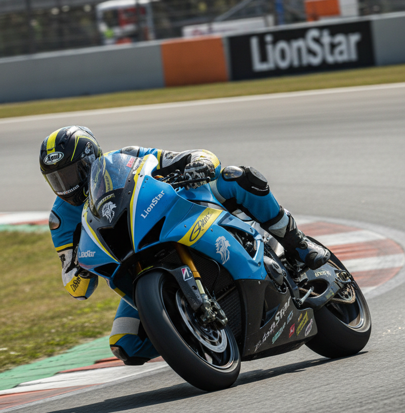 Motorcyclist on a blue and black motorcycle on a racetrack with LionStar advertising in the background.