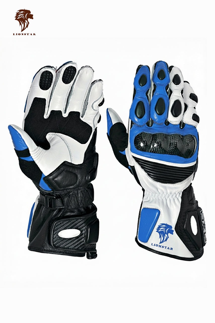 A display of Lionstar Apex leather motorcycle gloves in blue color, featuring CE-approved armor for kids and adult riders