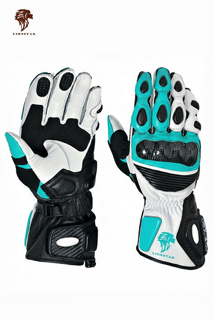 A display of Lionstar Apex leather motorcycle gloves in cyan color, featuring CE-approved armor for kids and adult riders