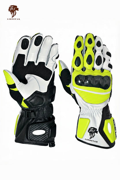 A display of Lionstar Apex leather motorcycle gloves in neon yellow color, featuring CE-approved armor for kids and adult riders