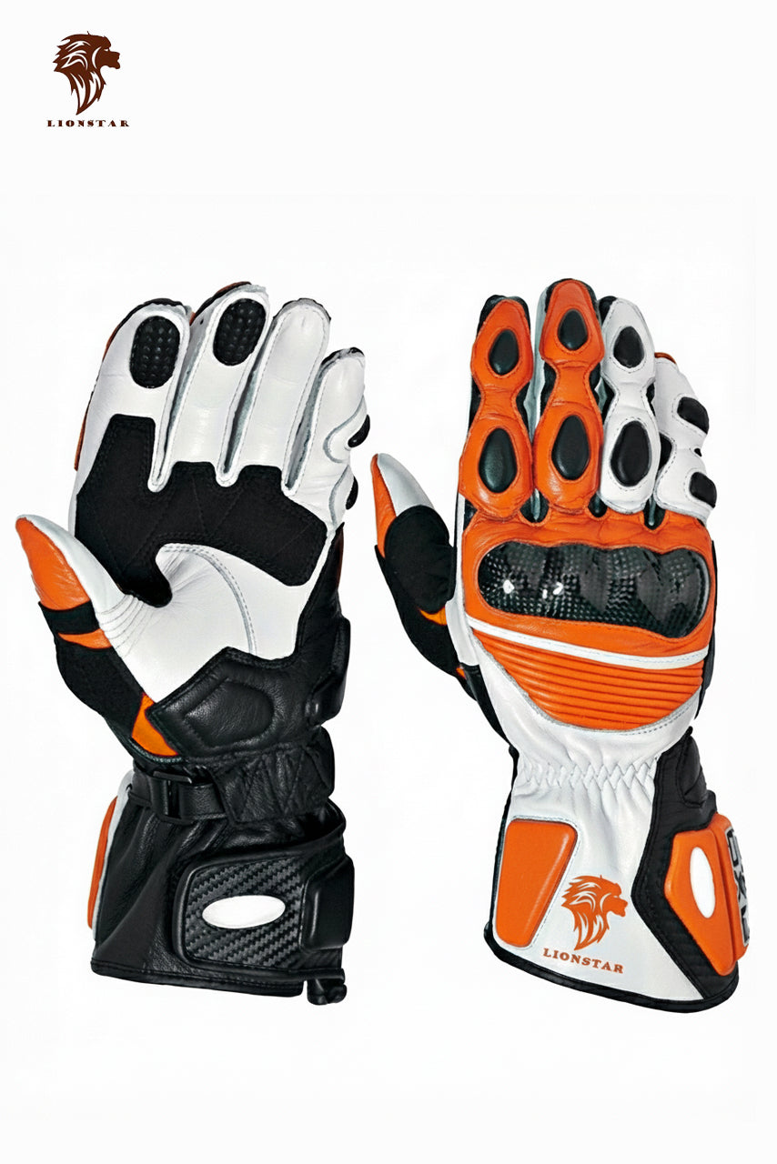 A display of Lionstar Apex leather motorcycle gloves in orange color, featuring CE-approved armor for kids and adult riders