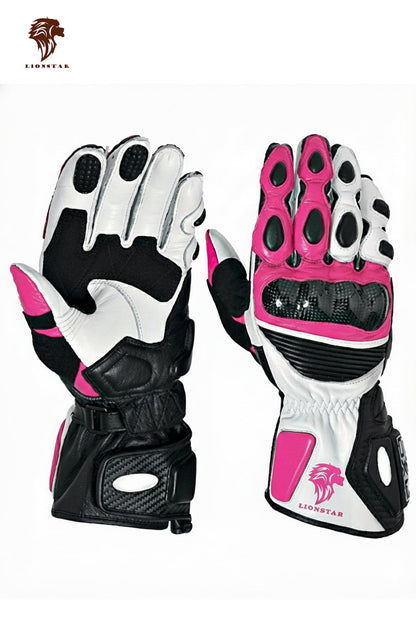 A display of Lionstar Apex leather motorcycle gloves in pink color, featuring CE-approved armor for kids and adult riders