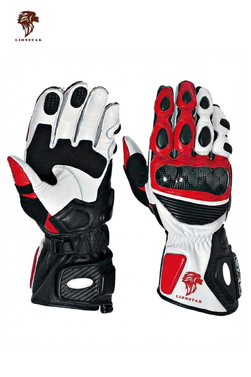 A display of Lionstar Apex leather motorcycle gloves in red color, featuring CE-approved armor for kids and adult riders