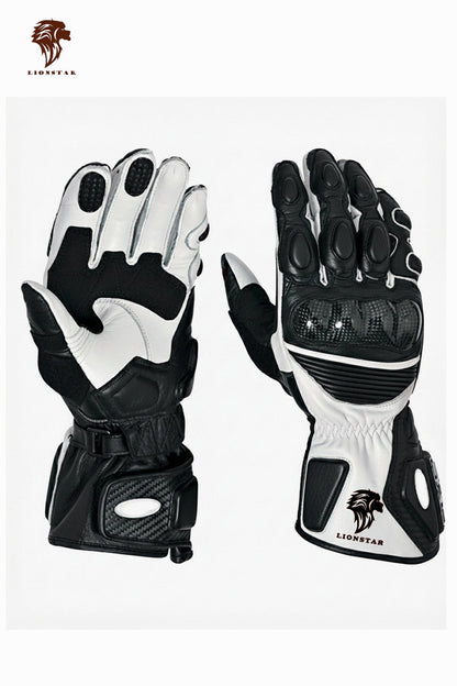 A display of Lionstar Apex leather motorcycle gloves in white color, featuring CE-approved armor for kids and adult riders