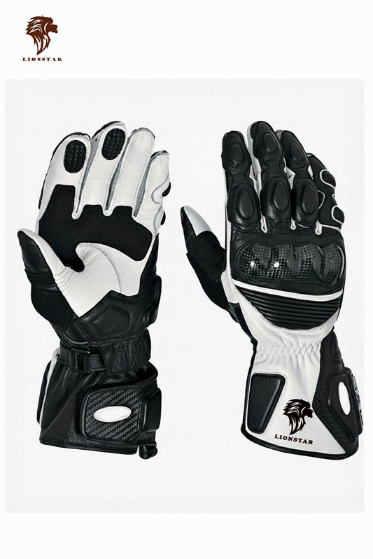 A display of Lionstar Apex leather motorcycle gloves in white color, featuring CE-approved armor for kids and adult riders