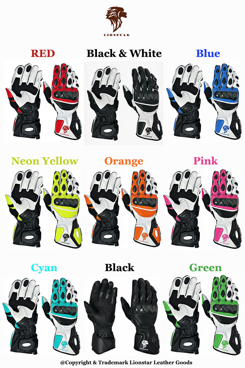 A display of Lionstar Apex leather motorcycle gloves in multiple colors, featuring CE-approved armor for kids and adult riders.