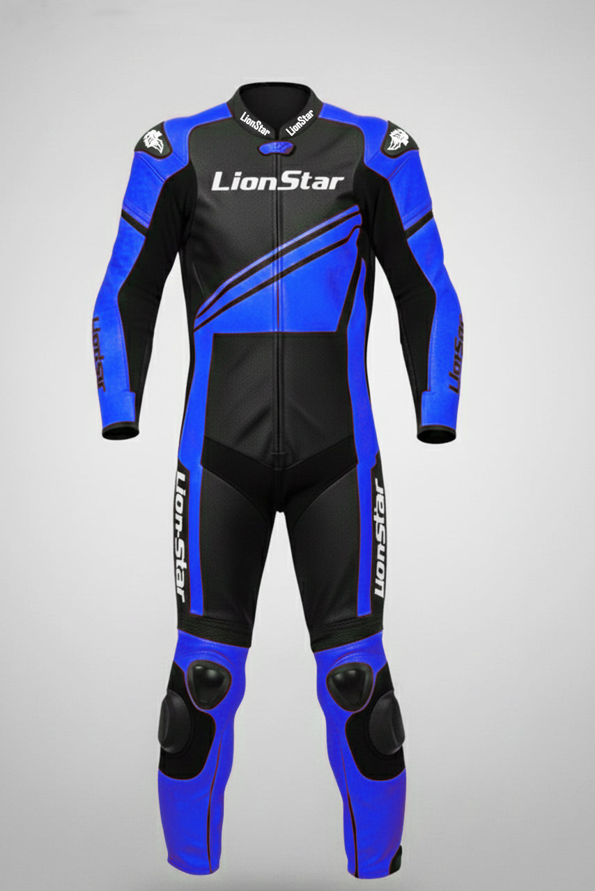 LionStar Real Cowhide Kids Motorcycle Suit and Adult Mini Moto Racing Suit with CE Approved Armor in blue