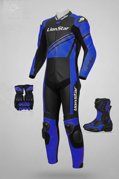 LionStar Real Cowhide Kids Motorcycle Suit and Adult Mini Moto Racing Suit with CE Approved Armor in blue