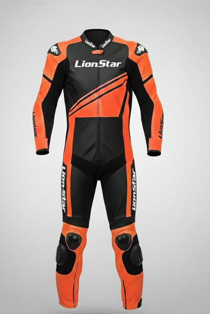 LionStar Real Cowhide Kids Motorcycle Suit and Adult Mini Moto Racing Suit with CE Approved Armor in orange