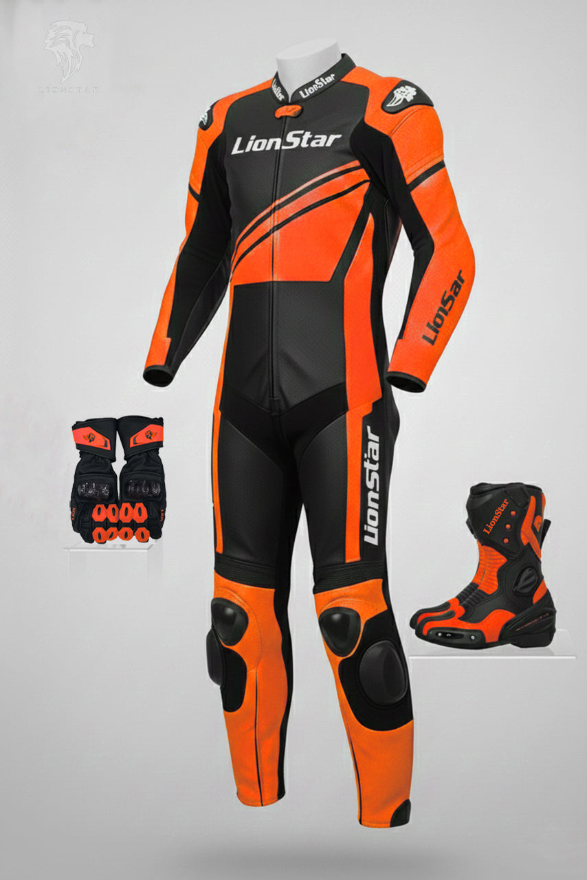 LionStar Real Cowhide Kids Motorcycle Suit and Adult Mini Moto Racing Suit with CE Approved Armor in orange