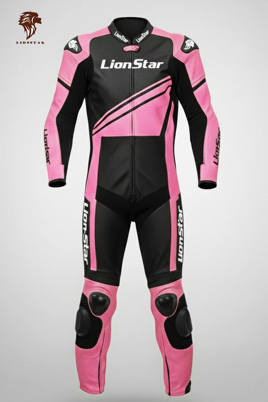 LionStar Real Cowhide Kids Motorcycle Suit and Adult Mini Moto Racing Suit with CE Approved Armor in pink