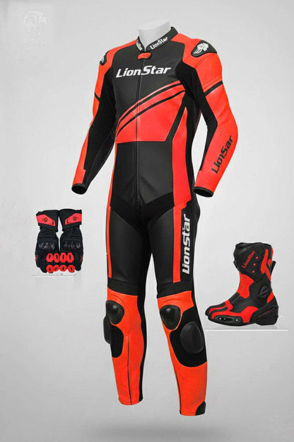 LionStar Real Cowhide Kids Motorcycle Suit and Adult Mini Moto Racing Suit with CE Approved Armor in red