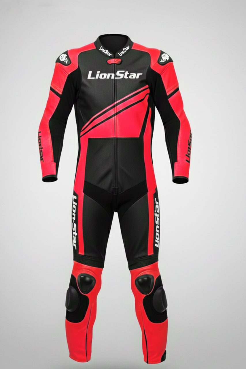 LionStar Real Cowhide Kids Motorcycle Suit and Adult Mini Moto Racing Suit with CE Approved Armor in red