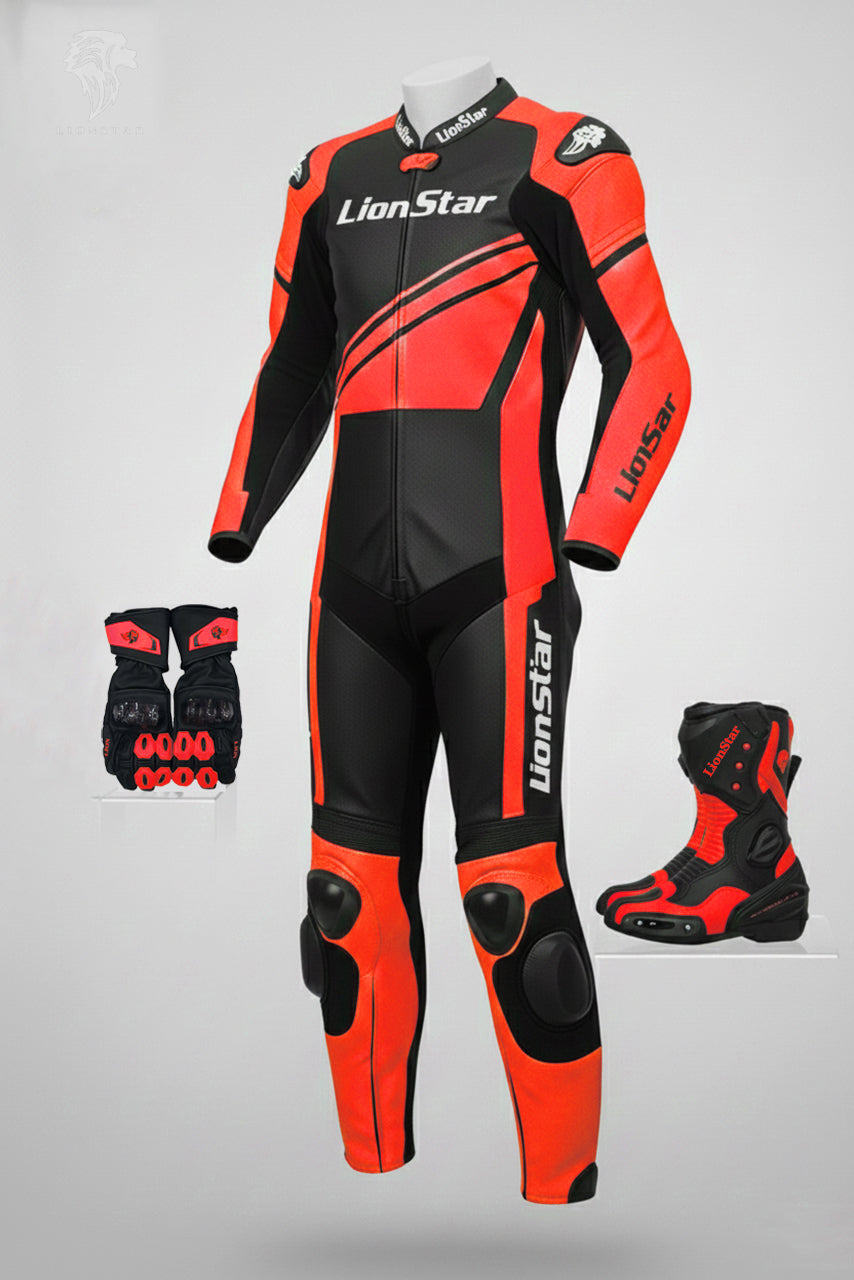 LionStar Real Cowhide Kids Motorcycle Suit and Adult Mini Moto Racing Suit with CE Approved Armor in red