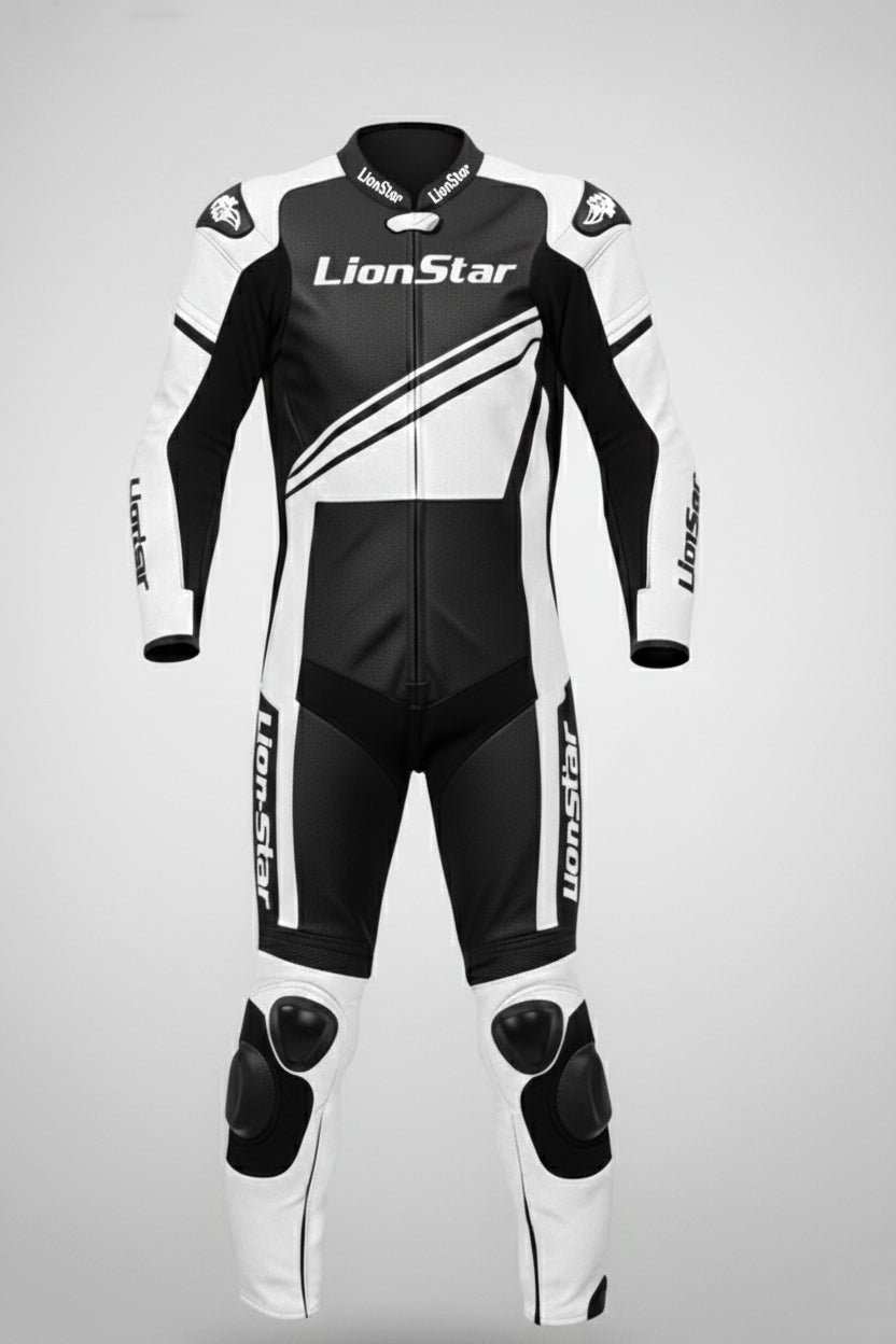 LionStar Real Cowhide Kids Motorcycle Suit and Adult Mini Moto Racing Suit with CE Approved Armor in white