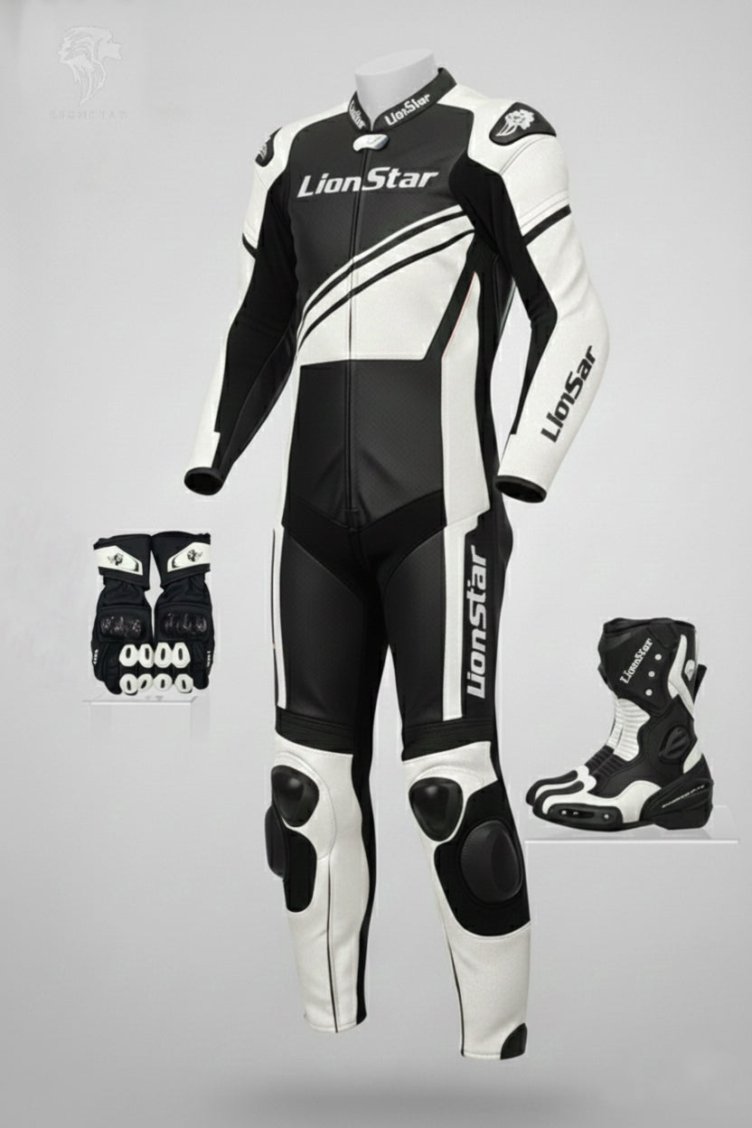 LionStar Real Cowhide Kids Motorcycle Suit and Adult Mini Moto Racing Suit with CE Approved Armor in white