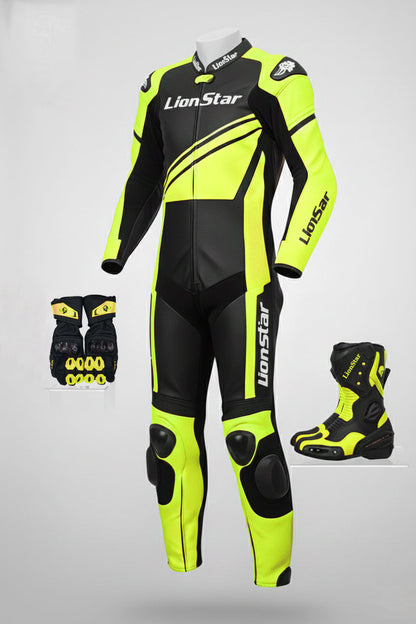 LionStar Real Cowhide Kids Motorcycle Suit and Adult Mini Moto Racing Suit with CE Approved Armor in yellow