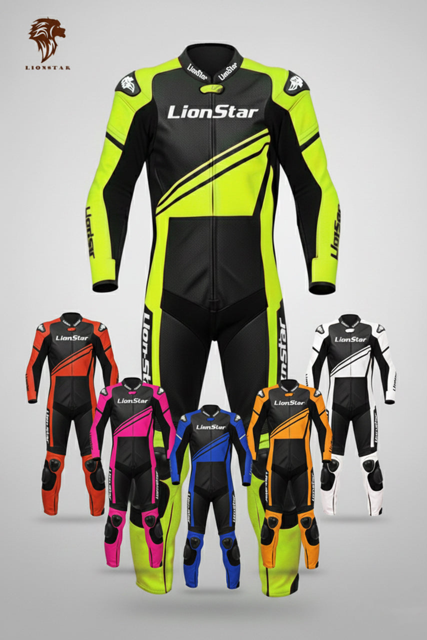 LionStar Real Cowhide Kids Motorcycle Suit and Adult Mini Moto Racing Suit with CE Approved Armor in multiple colors (Yellow, Red, Pink, Blue, Orange, White)