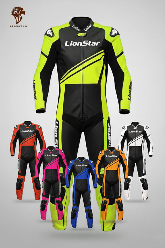 LionStar Real Cowhide Kids Motorcycle Suit and Adult Mini Moto Racing Suit with CE Approved Armor in multiple colors (Yellow, Red, Pink, Blue, Orange, White)