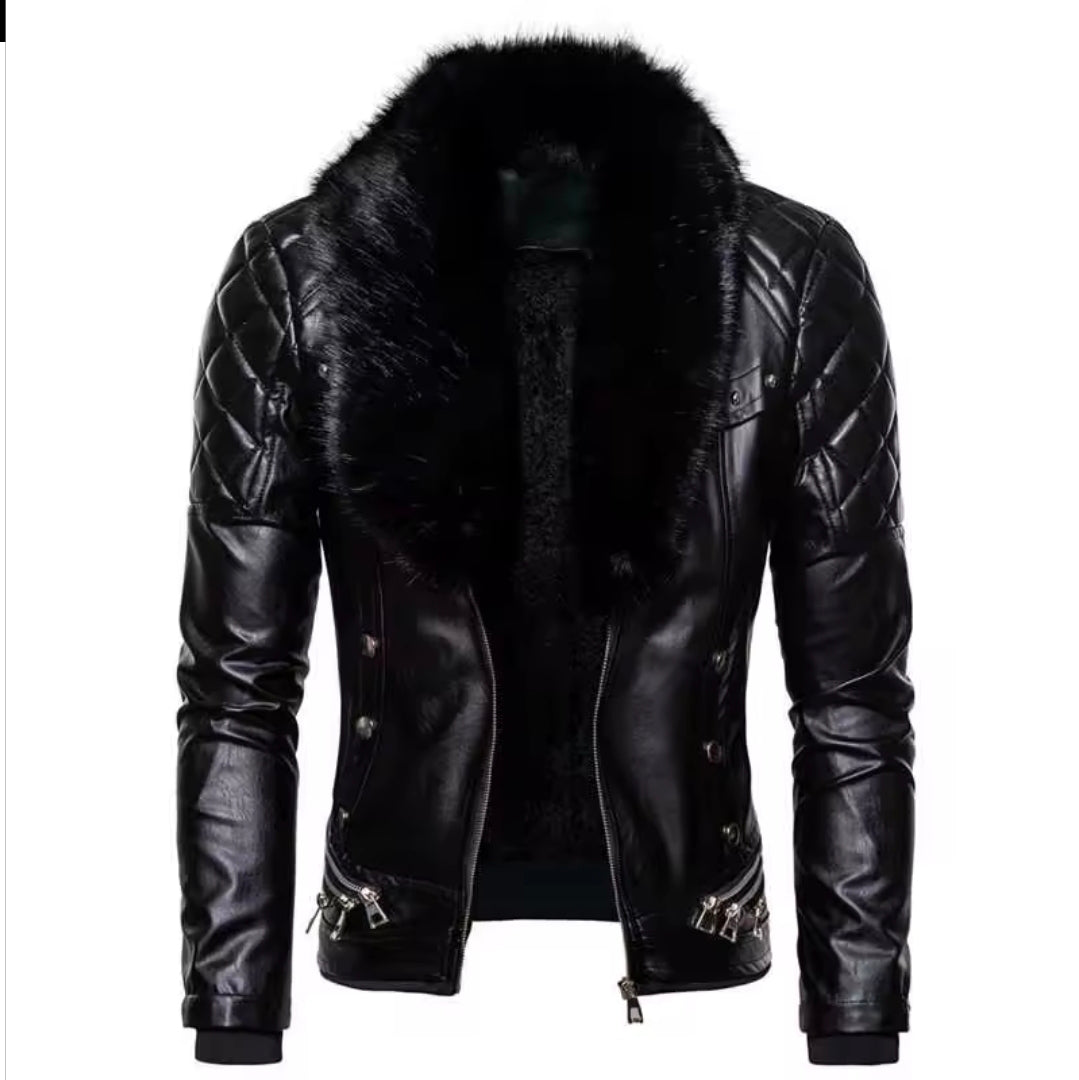 Lionstar Men's Red Real Cowhide Leather Biker Jacket with Black Faux Fur Collar and Quilted Shoulders