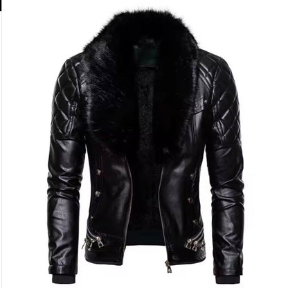 Lionstar Men's Red Real Cowhide Leather Biker Jacket with Black Faux Fur Collar and Quilted Shoulders