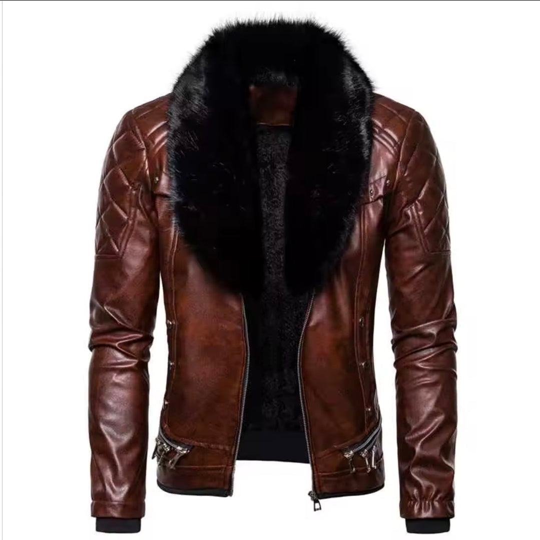 Lionstar Men's Red Real Cowhide Leather Biker Jacket with Black Faux Fur Collar and Quilted Shoulders