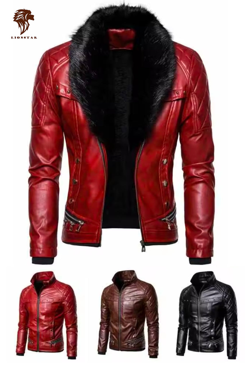 Lionstar Men's Red Real Cowhide Leather Biker Jacket with Black Faux Fur Collar and Quilted Shoulders