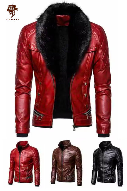 Lionstar Men's Red Real Cowhide Leather Biker Jacket with Black Faux Fur Collar and Quilted Shoulders