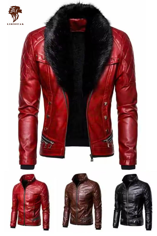 Lionstar Men's Red Real Cowhide Leather Biker Jacket with Black Faux Fur Collar and Quilted Shoulders