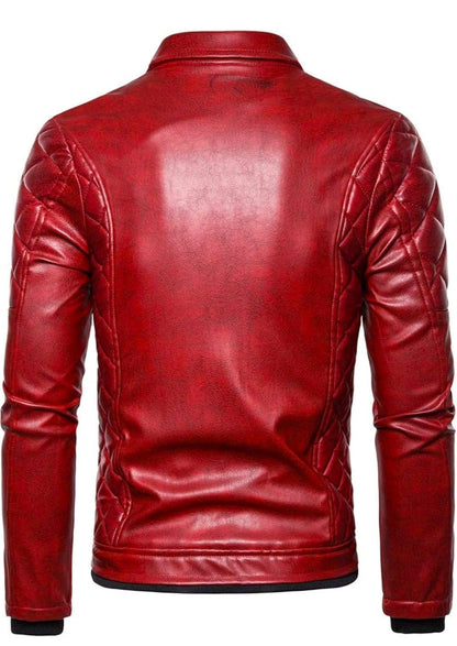 Lionstar Men's Red Real Cowhide Leather Biker Jacket with Black Faux Fur Collar and Quilted Shoulders