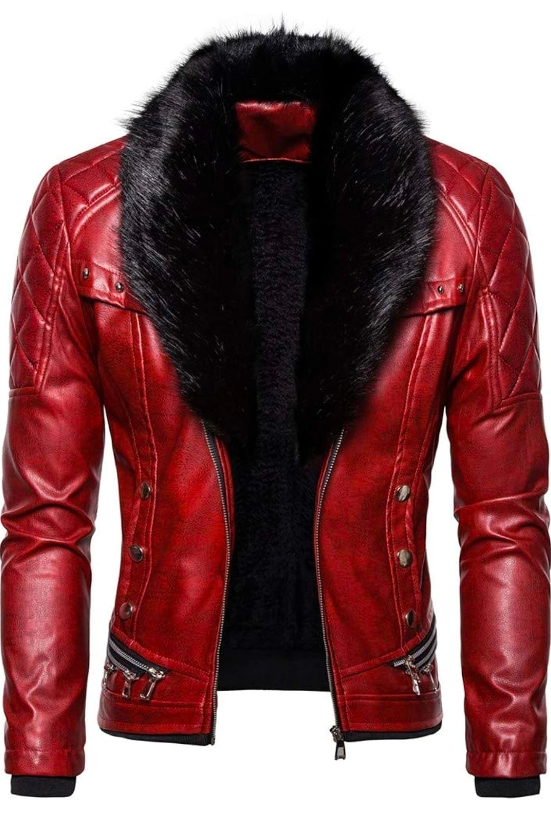 Lionstar Men's Red Real Cowhide Leather Biker Jacket with Black Faux Fur Collar and Quilted Shoulders