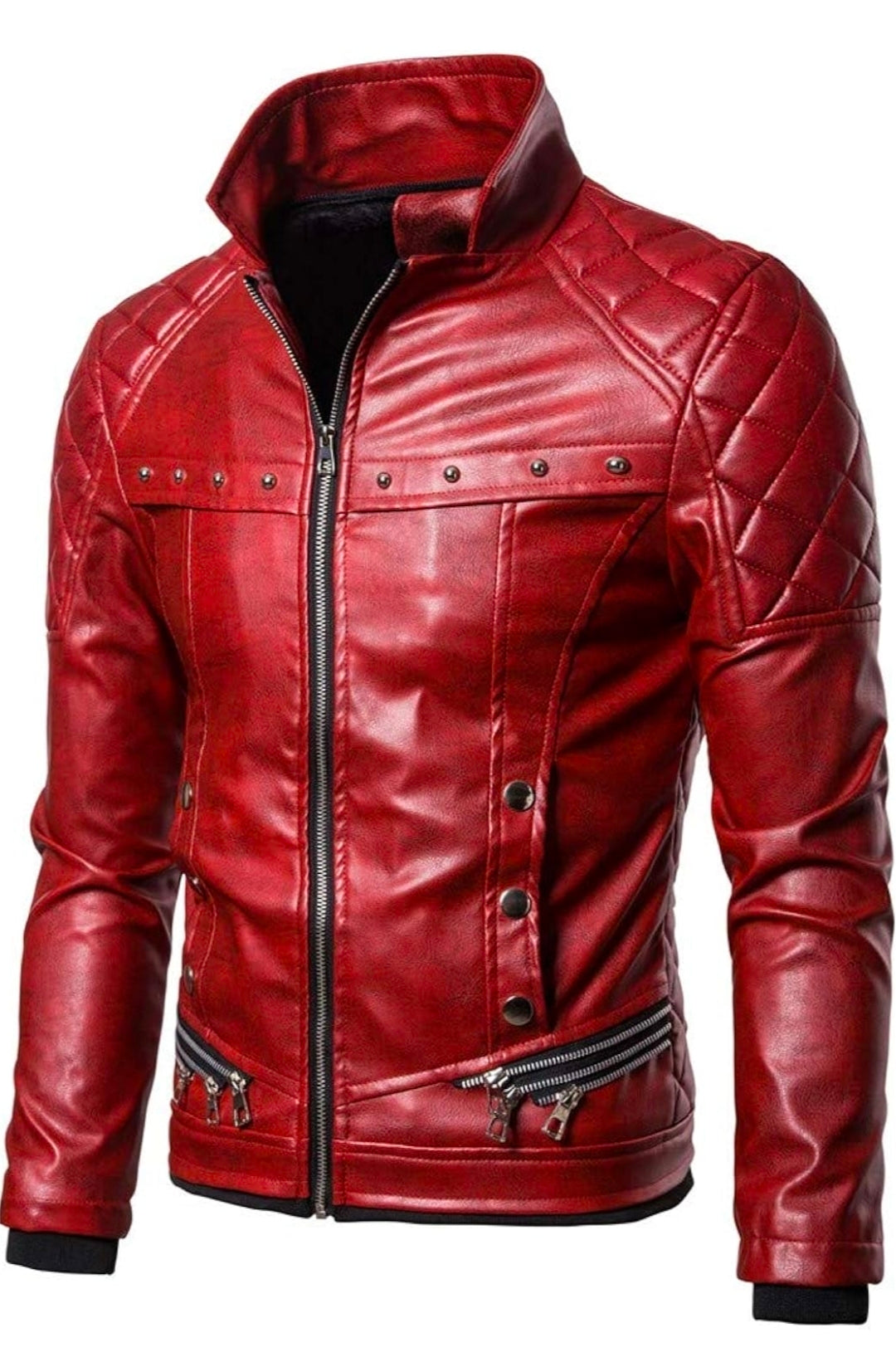 Lionstar Men's Red Real Cowhide Leather Biker Jacket with Black Faux Fur Collar and Quilted Shoulders