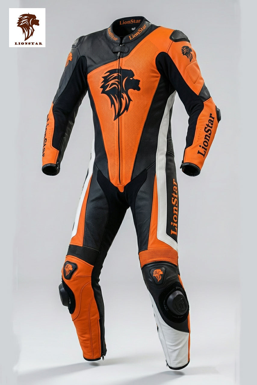 Lionstar Ox Kids & Adults Mini Moto Leather Racing Suit, front view, featuring CE approved armor and speed hump.