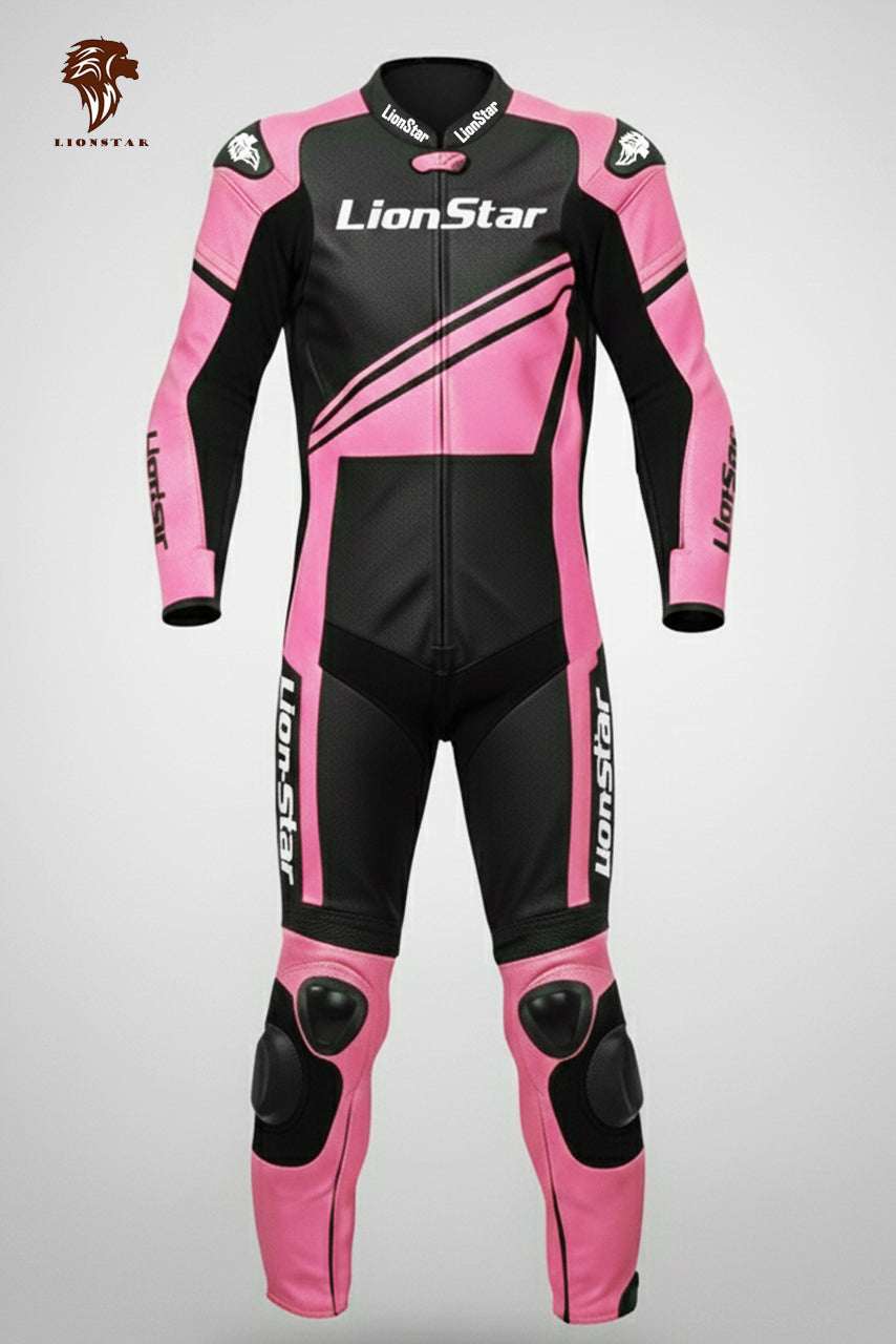 Lionstar full pink leather racing suit for women and kids with speed hump and CE-certified protection for track and road use.