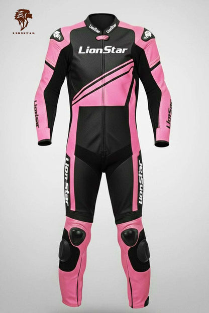Lionstar full pink leather racing suit for women and kids with speed hump and CE-certified protection for track and road use.