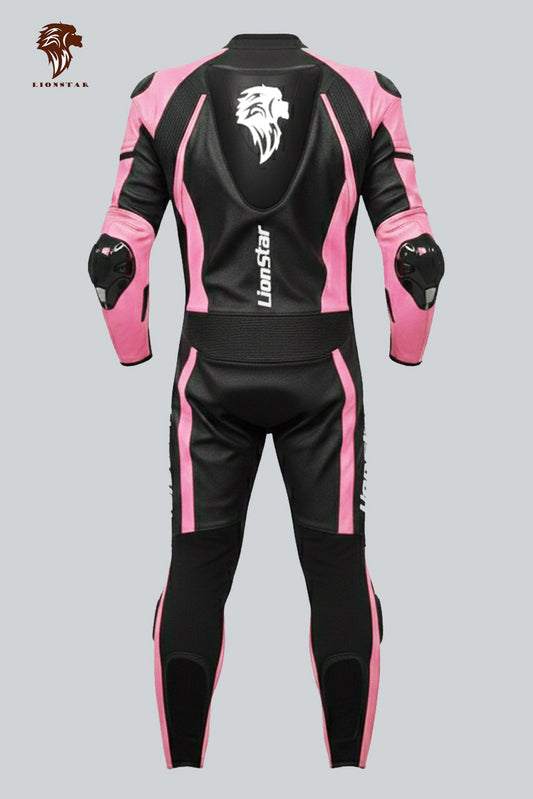 Lionstar full pink leather racing suit for women and kids with speed hump and CE-certified protection for track and road use.