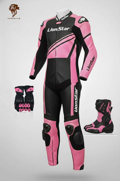 Lionstar full pink leather racing suit for women and kids with speed hump and CE-certified protection for track and road use.