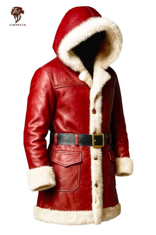 Lionstar red real cowhide leather Santa coat for men with white fur trim, attached hood, black belt, and gold-tone buttons on a white background.