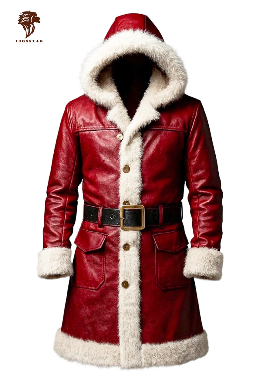 Lionstar red real cowhide leather Santa coat for men with white fur trim, attached hood, black belt, and gold-tone buttons on a white background.