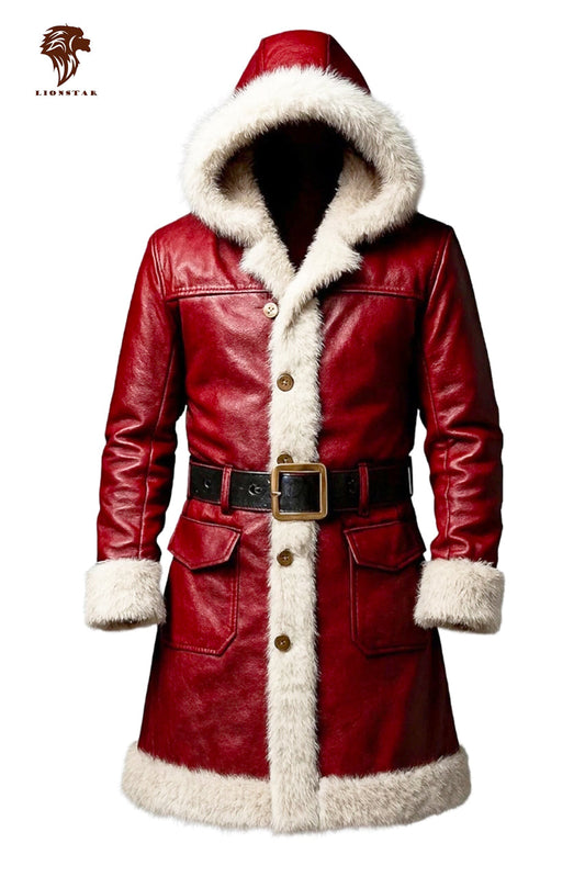 Lionstar red real cowhide leather Santa coat for men with white fur trim, attached hood, black belt, and gold-tone buttons on a white background.