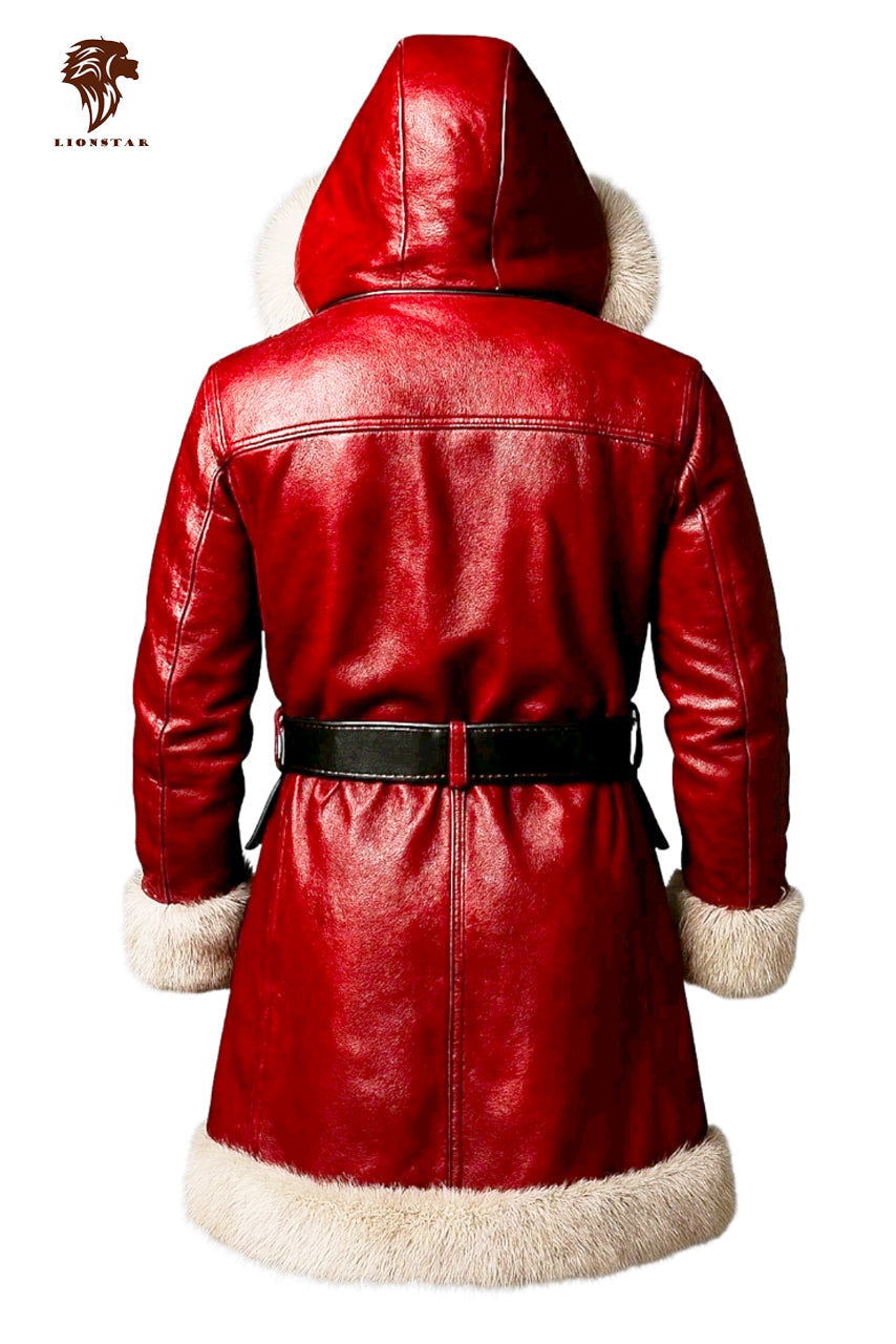 Lionstar red real cowhide leather Santa coat for men with white fur trim, attached hood, black belt, and gold-tone buttons on a white background.