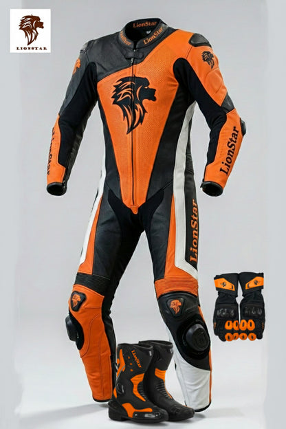 Complete Lionstar Ox Full Set: Mini Moto Suit, matching racing gloves, and motorbike boots with CE approved protection.