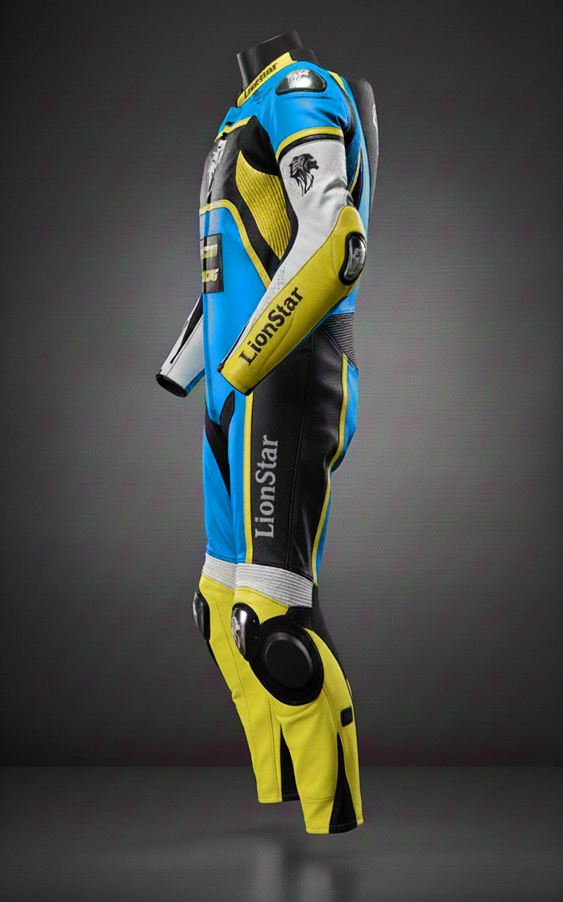 Motorcycle racing suit with blue, yellow, and black design on a gray background