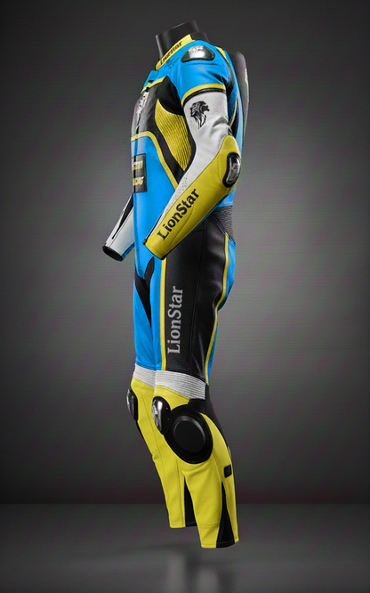 Motorcycle racing suit with blue, yellow, and black design on a gray background